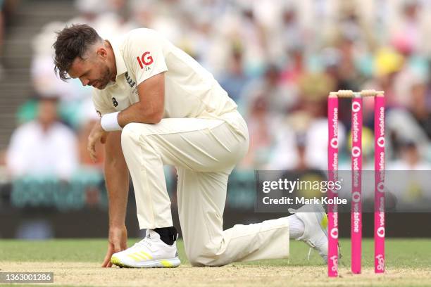 James Anderson of England reacts after bowling during day two of the Fourth Test Match in the Ashes series between Australia and England at Sydney...