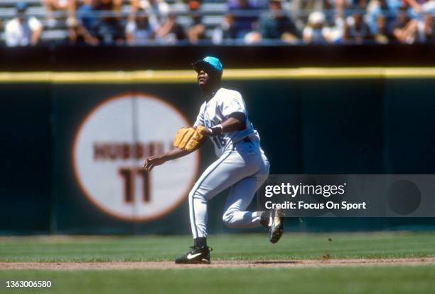 Edgar Renteria of the Florida Marlins in action against the San Francisco Giants during an Major League Baseball game circa 1996 at Candlestick Park...