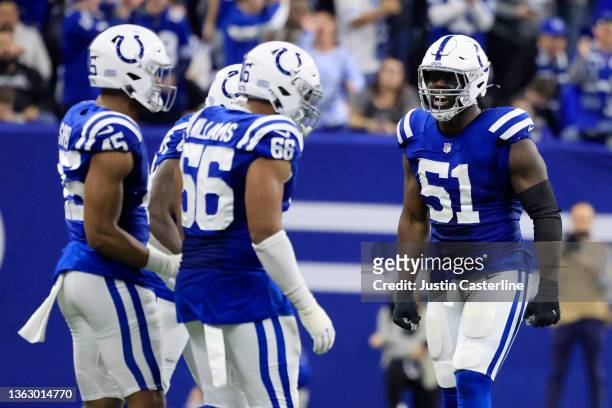 Kwity Paye of the Indianapolis Colts reacts after a play gara at Lucas Oil Stadium on January 02, 2022 in Indianapolis, Indiana.