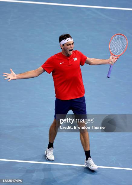 Taylor Fritz of USA celebrates match point in his group C match against Cameron Norrie of Great Britain during the day four 2022 ATP Cup tie between...