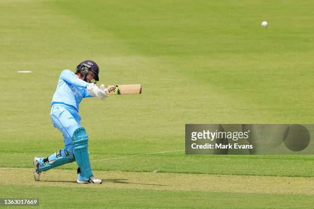 Rachael Haynes of the Breakers hits a six during the WNCL match between ACT Meteors and NSW Breakers at Manuka Oval on January 06, 2022 in Canberra,...