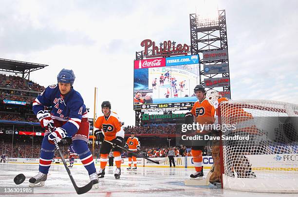 Nick Kypreos plays against the Philadelphia Flyers in the Alumni game prior to the 2012 Bridgestone NHL Winter Classic at Citizens Bank Park on...