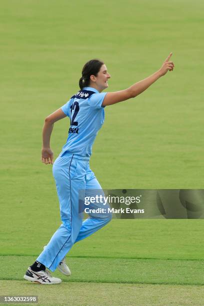 Stella Campbell of the Breakers celebrates the wicket of Amy Yates of the Meteors during the WNCL match between ACT Meteors and NSW Breakers at...