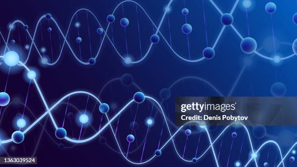 3d glowing scientific background - dna chains and particles in perspective. - links in the chain of human evolution stock illustrations
