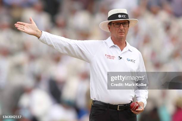 Umpire Rod Tucker calls a no ball which resulted in the wicket of Zak Crawley of England being overturned during day two of the Fourth Test Match in...