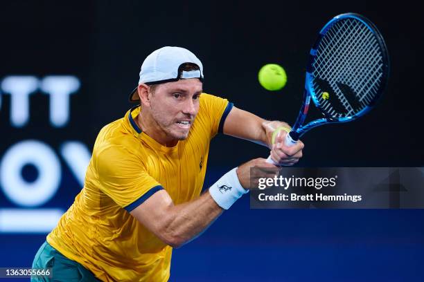 James Duckworth of Australia plays a backhand shot in his group B match against Arthur Rinderknech of France during day six of the 2022 Sydney ATP...