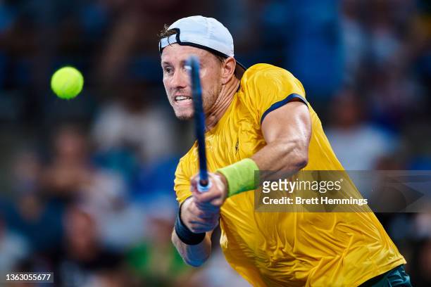James Duckworth of Australia plays a backhand shot in his group B match against Arthur Rinderknech of France during day six of the 2022 Sydney ATP...