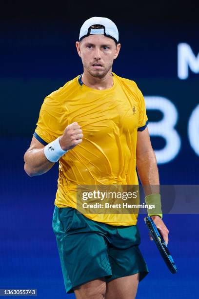 James Duckworth of Australia celebrates winning a point in his group B match against Arthur Rinderknech of France during day six of the 2022 Sydney...