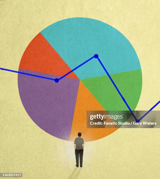 illustrazioni stock, clip art, cartoni animati e icone di tendenza di concept image of a man looking at a pie chart and a graph depicting business and statistics - circle graph