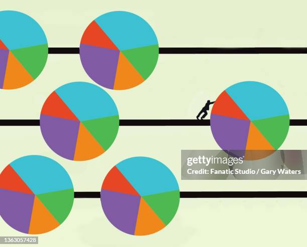 ilustraciones, imágenes clip art, dibujos animados e iconos de stock de concept image of a businessman pushing a pie chart along an abacus depicting business affairs, profit and loss - abacus