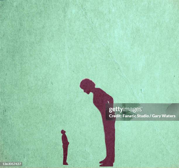 stockillustraties, clipart, cartoons en iconen met concept image of a big woman leaning over a small man depicting dominance, aggression, woman boss, bully, - berispen