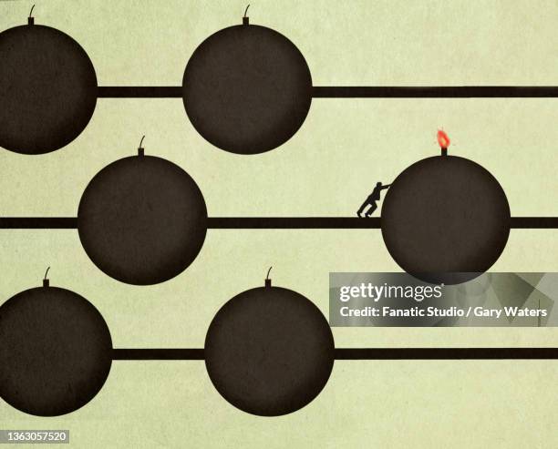 concept of a man pushing a live bomb along an abacus depicting imminent danger - burning fuse stock illustrations