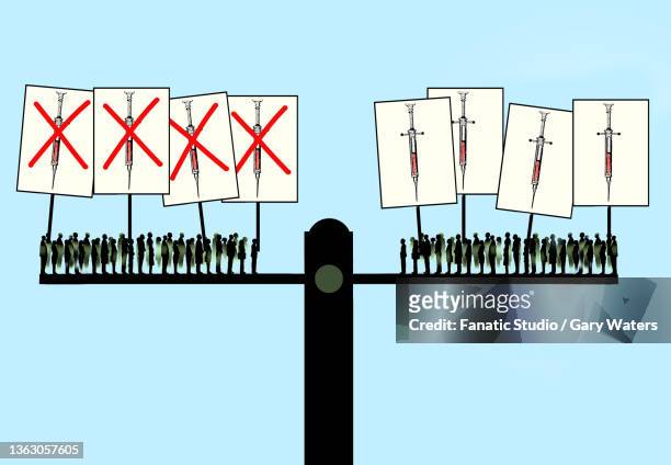 concept image of a seesaw balancing two opposing demonstrations regarding pro and anti vaccination - anti vaccine stock-grafiken, -clipart, -cartoons und -symbole