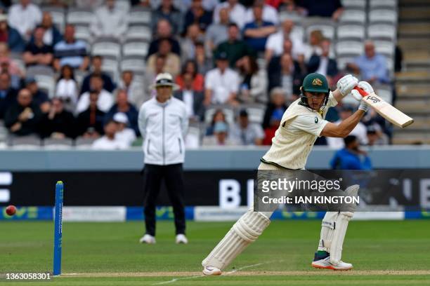 Australia's Marnus Labuschagne plays a shot on day three of the second Ashes cricket Test match between England and Australia at Lord's cricket...