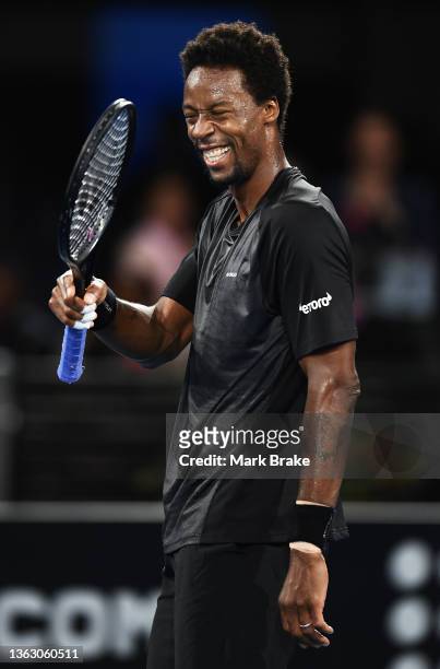 Gael Monfils of France celebrates winning the match against Juan Manuel Cerundolo of Argentina during day five of the 2022 Adelaide International at...