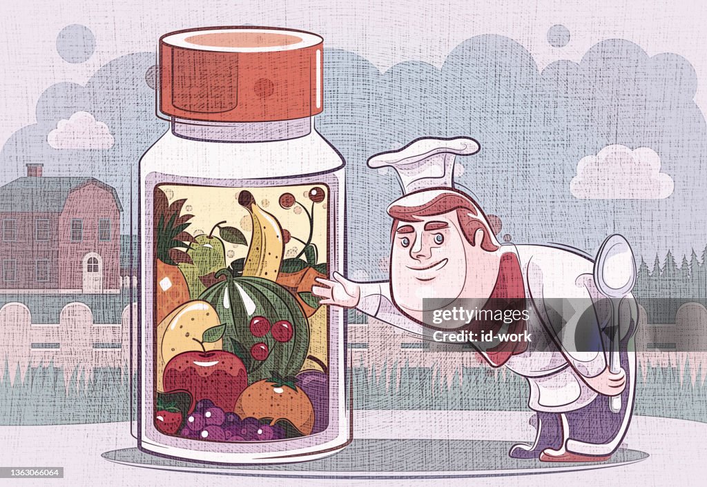 Chef presenting with vitamin bottle