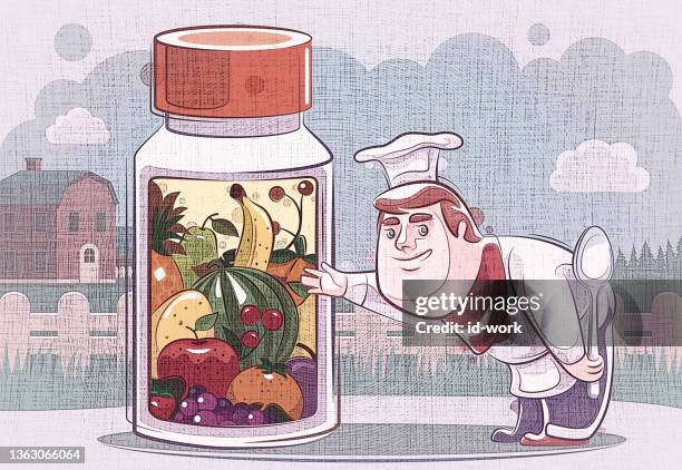 chef presenting with vitamin bottle - pill pack stock illustrations