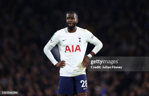 Tanguy Ndombele of Spurs looks on during the Carabao Cup Semi Final First Leg match between Chelsea and Tottenham Hotspur at Stamford Bridge on...