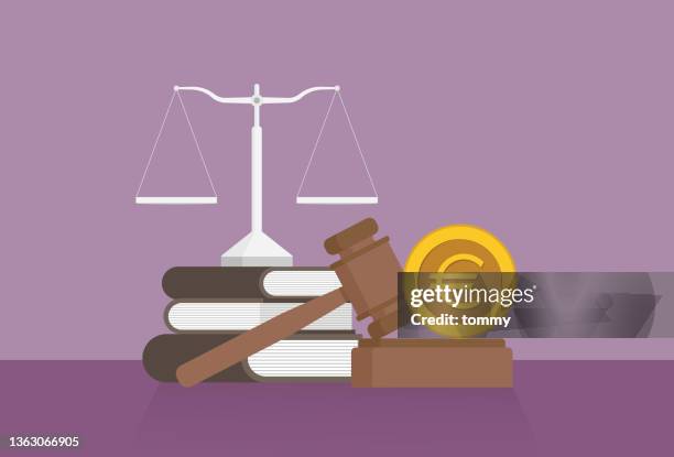 ilustraciones, imágenes clip art, dibujos animados e iconos de stock de balanza de igual brazo, un libro, un mazo y una moneda de euro sobre una mesa - law