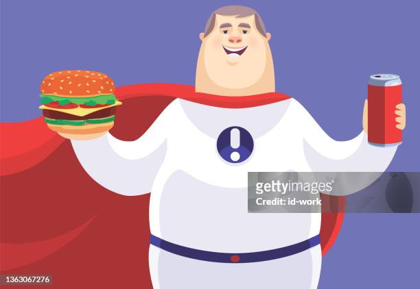 übergewichtiger superheld hält hamburger und getränkedose - essstörung stock-grafiken, -clipart, -cartoons und -symbole