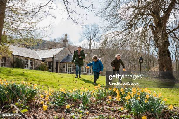 race you to the easter eggs! - family in garden stock pictures, royalty-free photos & images