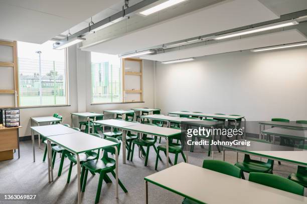 secondary school classroom with desks and chairs - classroom wide angle stock pictures, royalty-free photos & images