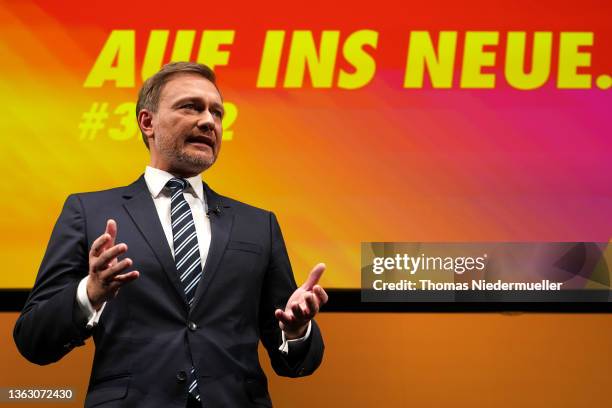 German Finance Minister and leader of the German Free Democrats political party Christian Linder speaks at the annual Three Kings Day of the FDP on...