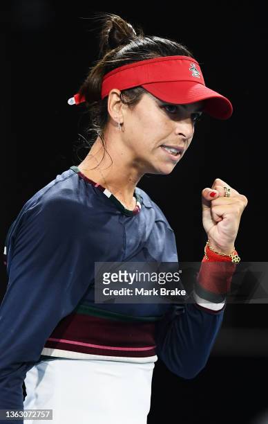 Ajla Tomljanovic of Australia celebrates winning a game in her match against Sofia Kenin of USA during day five of the 2022 Adelaide International at...