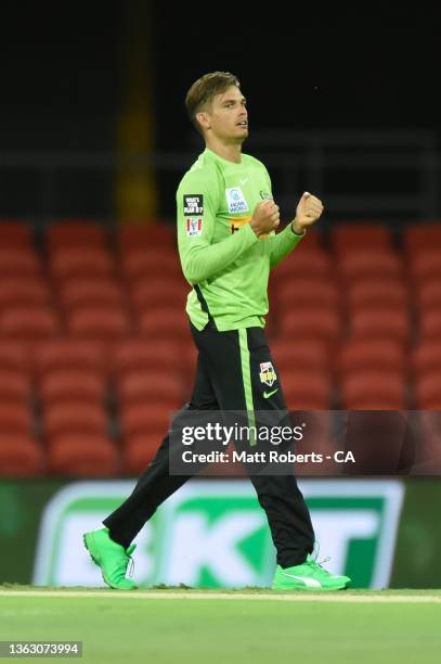 Chris Green of the Thunder celebrates the wicket of Cameron Bancroft of the Scorchers during the Men's Big Bash League match between the Perth...