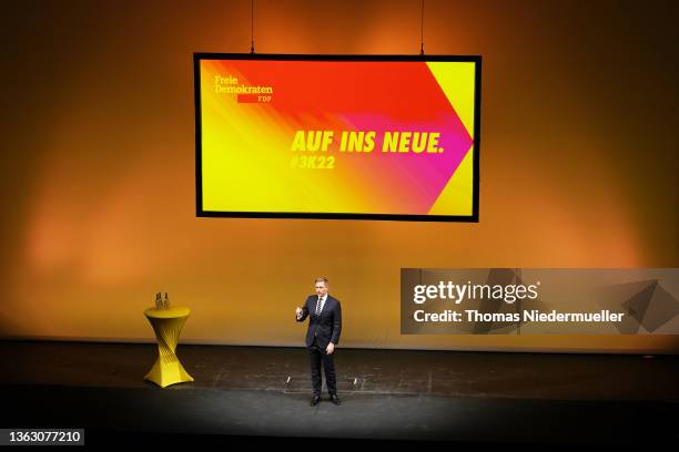 German Finance Minister and leader of the German Free Democrats political party Christian Linder speaks at the annual Three Kings Day of the FDP on...