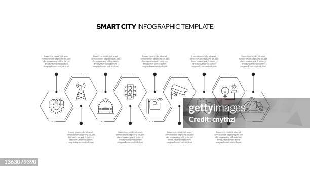 smart city concept vector line infographic design with icons. 9 options or steps for presentation, banner, workflow layout, flow chart etc. - smart city stock illustrations