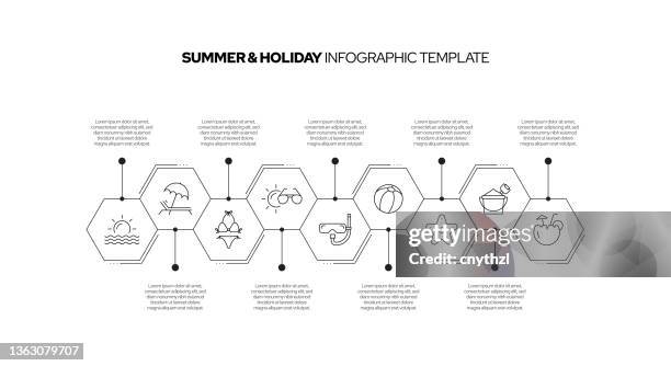 summer and holiday concept vector line infographic design with icons. 9 options or steps for presentation, banner, workflow layout, flow chart etc. - sunscreen hat stock illustrations
