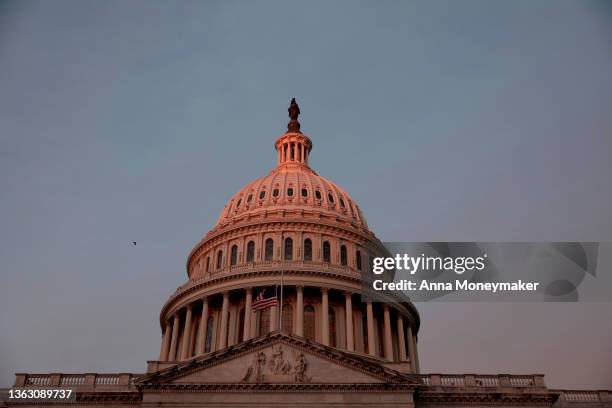 View of the U.S. Capitol during the sunrise on January 06, 2022 in Washington, DC. One year ago, supporters of President Donald Trump attacked the...
