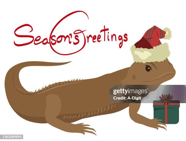 stockillustraties, clipart, cartoons en iconen met cute christmas lizard brown - baardagame