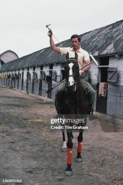 Prince Charles, the Prince of Wales at a stable in Deauville, France, with a polo pony, 19th August 1978.