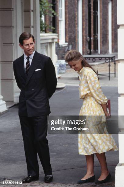 Prince Charles, the Prince of Wales and his cousin Lady Sarah Armstrong-Jones at Clarence House in London for the Queen Mother's 83rd birthday, UK,...