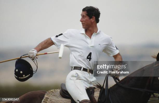 Prince Charles, the Prince of Wales playing polo, circa 1980.