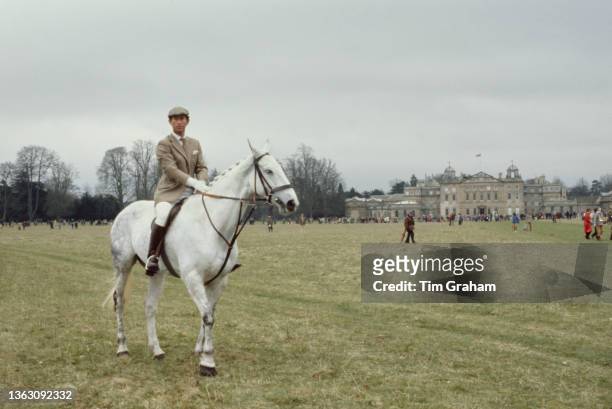 Prince Charles, the Prince of Wales exercising his horse at the Badminton Horse Trials at Badminton House in Gloucestershire, UK, circa 1979.