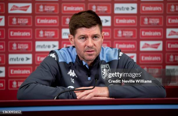 Steven Gerrard head coach of Aston Villa talks to the press during a press conference at Bodymoor Heath training ground on January 06, 2022 in...