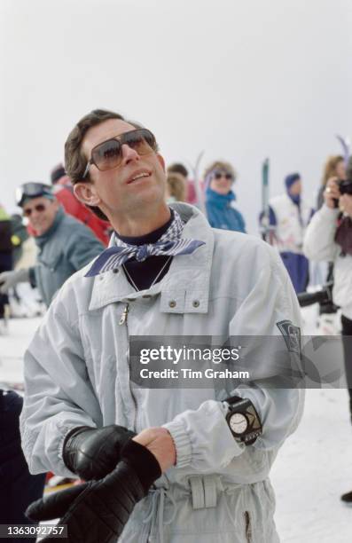 Prince Charles, the Prince of Wales in Klosters, Switzerland, during a skiing holiday, February 1989.