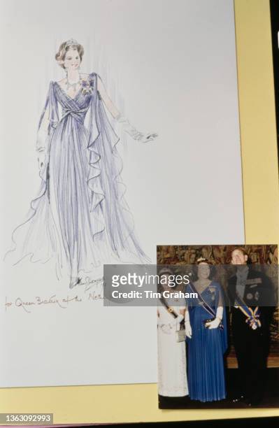 Design by dressmaker Ian Thomas for an evening gown in blue georgette, worn by Queen Beatrix of the Netherlands to a state reception at Greenwich...
