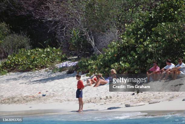 Diana, Princess of Wales holidaying with her sons Prince William and Prince Harry and her sister's children on Necker Island in the British Virgin...