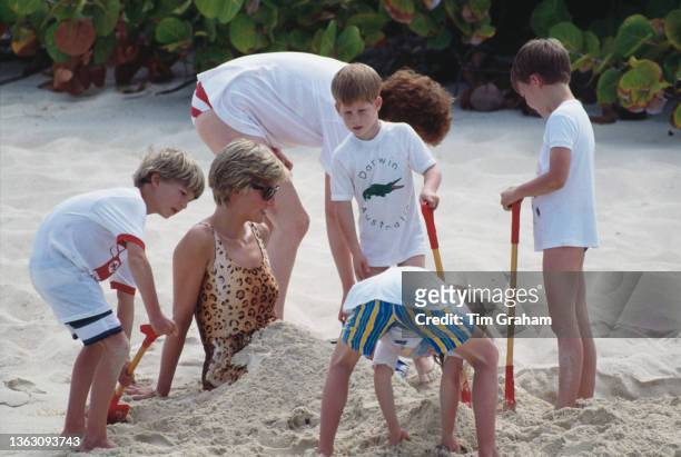 Diana, Princess of Wales holidaying with her sons Prince William and Prince Harry and her sister's children on Necker Island in the British Virgin...