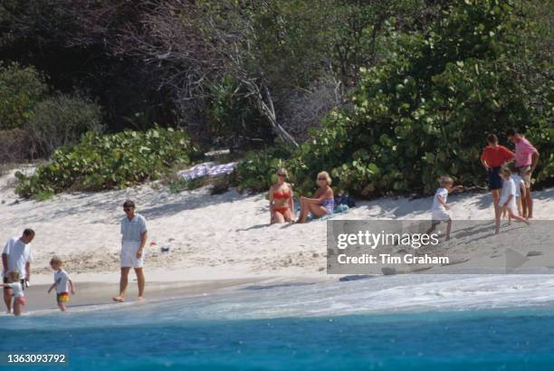 Diana, Princess of Wales holidaying with her sons Prince William and Prince Harry and her sister's children on Necker Island in the British Virgin...