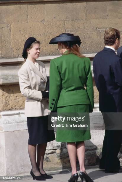 Sarah Armstrong-Jones and Sarah Duchess of York at St George's Chapel in Windsor, UK, for the Easter mass, 15th April 1990.