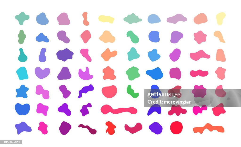 Irregular random shapes. Abstract blotch, inkblot and pebble silhouettes, liquid amorphous splodge elements. More colorful