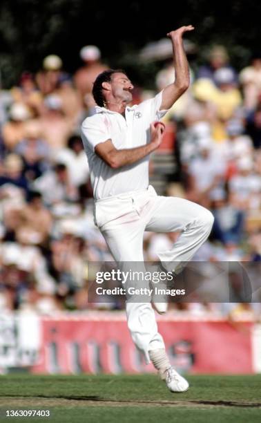 Australia fast bowler Dennis Lillee in side on bowling action during the First Ashes Test against England at the WACCA on November 12th, 1982 in...