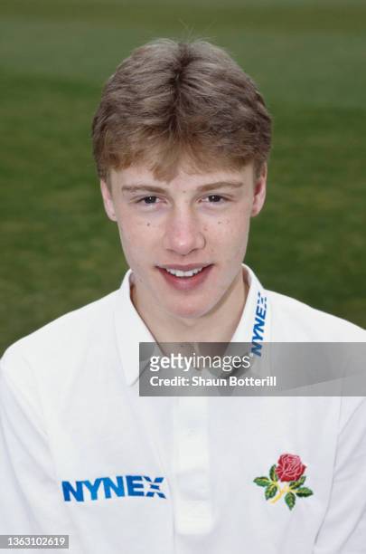Lancashire cricketer Andrew Flintoff pictured at the photocall prior to the 1994 Cricket season at Old Trafford in April 1994 in Manchester United...