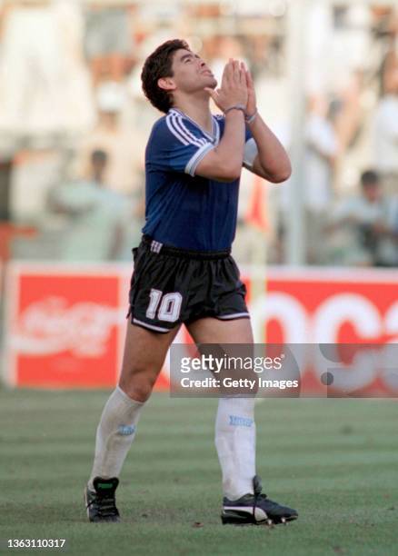 Argentina captain Diego Maradona reacts after missing his penalty during the penalty shoot out during the FIFA 1990 World Cup quarter final match...