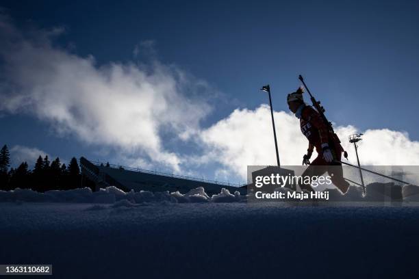 Athlete warms up during the training session at the IBU World Cup Biathlon Oberhof at on January 06, 2022 in Oberhof, Germany. Due to bad weather...